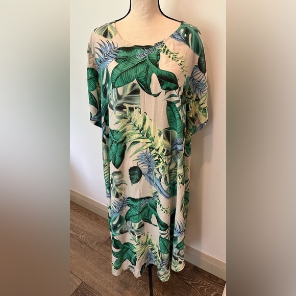 Beyond Capri Jungle Leaf Green and Cream Print Maxi Dress Linen Cotton Blend XXL - Picture 1 of 9